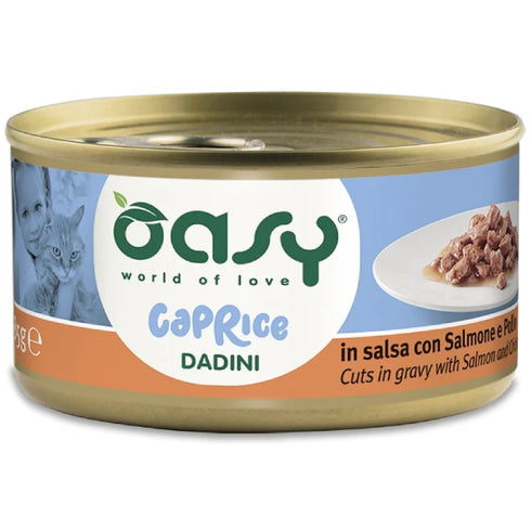 Hrana umeda pentru pisici Oasy Caprice Bucati de somon si pui in sos 85g